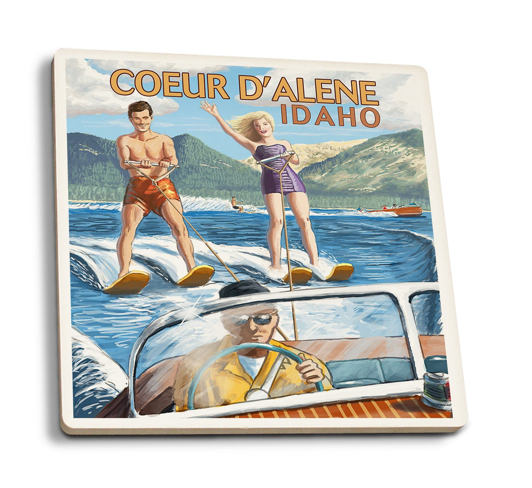 Coeur D'Alene, Idaho, Water Skiing Scene, Lantern Press Artwork, Coaster Set Coasters Lantern Press 