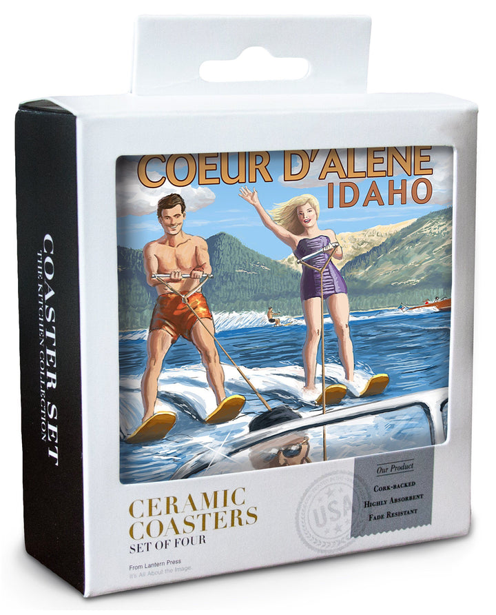 Coeur D'Alene, Idaho, Water Skiing Scene, Lantern Press Artwork, Coaster Set Coasters Lantern Press 