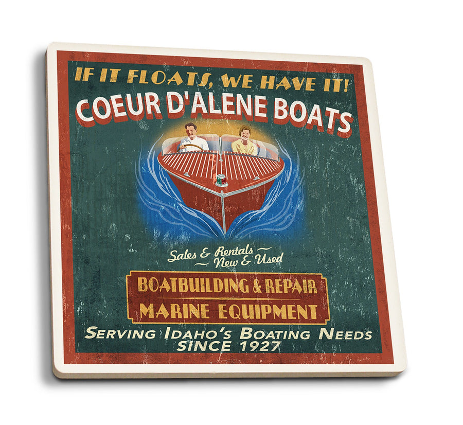 Coeur D'Alene, Idaho, Wooden Boats Vintage Sign, Lantern Press Artwork, Coaster Set Coasters Lantern Press 