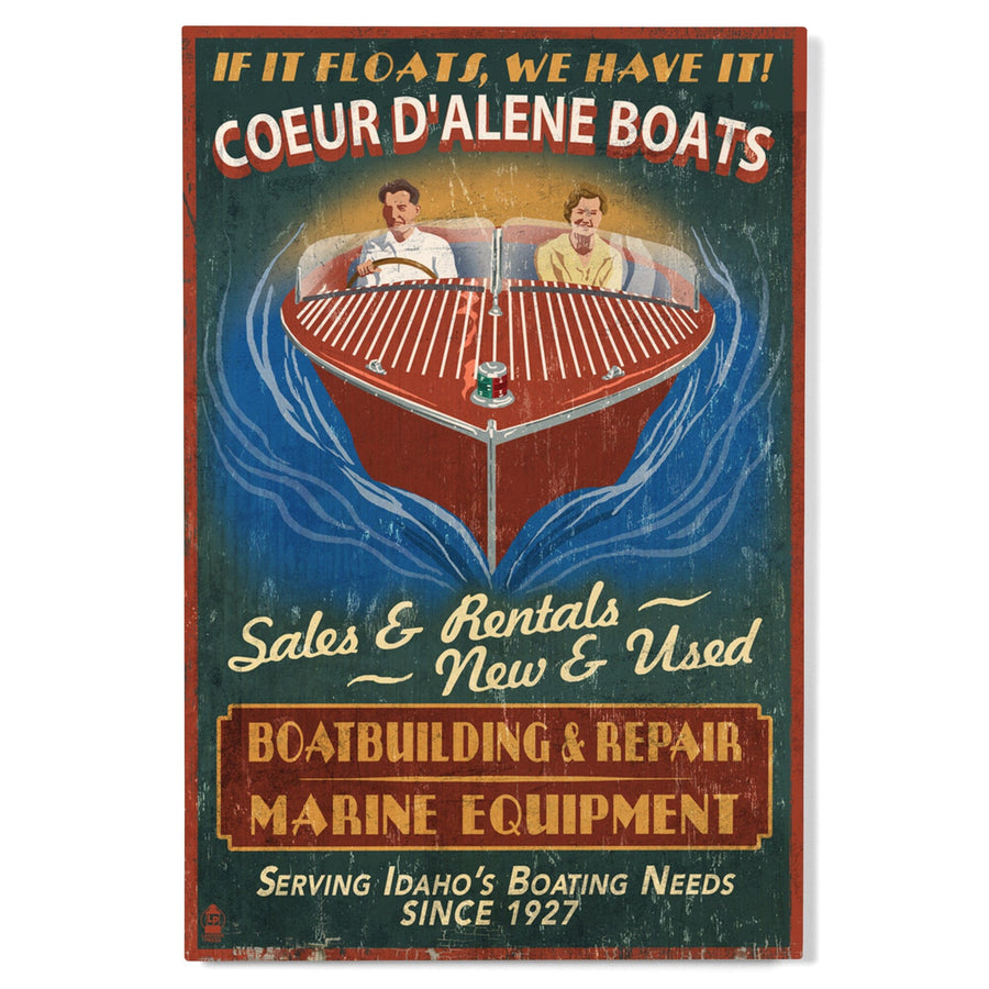 Coeur D'Alene, Idaho, Wooden Boats Vintage Sign, Lantern Press Artwork, Wood Signs and Postcards Wood Lantern Press 