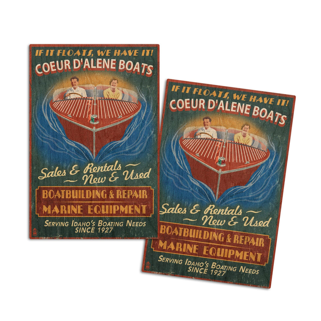 Coeur D'Alene, Idaho, Wooden Boats Vintage Sign, Lantern Press Artwork, Wood Signs and Postcards Wood Lantern Press 4x6 Wood Postcard Set 