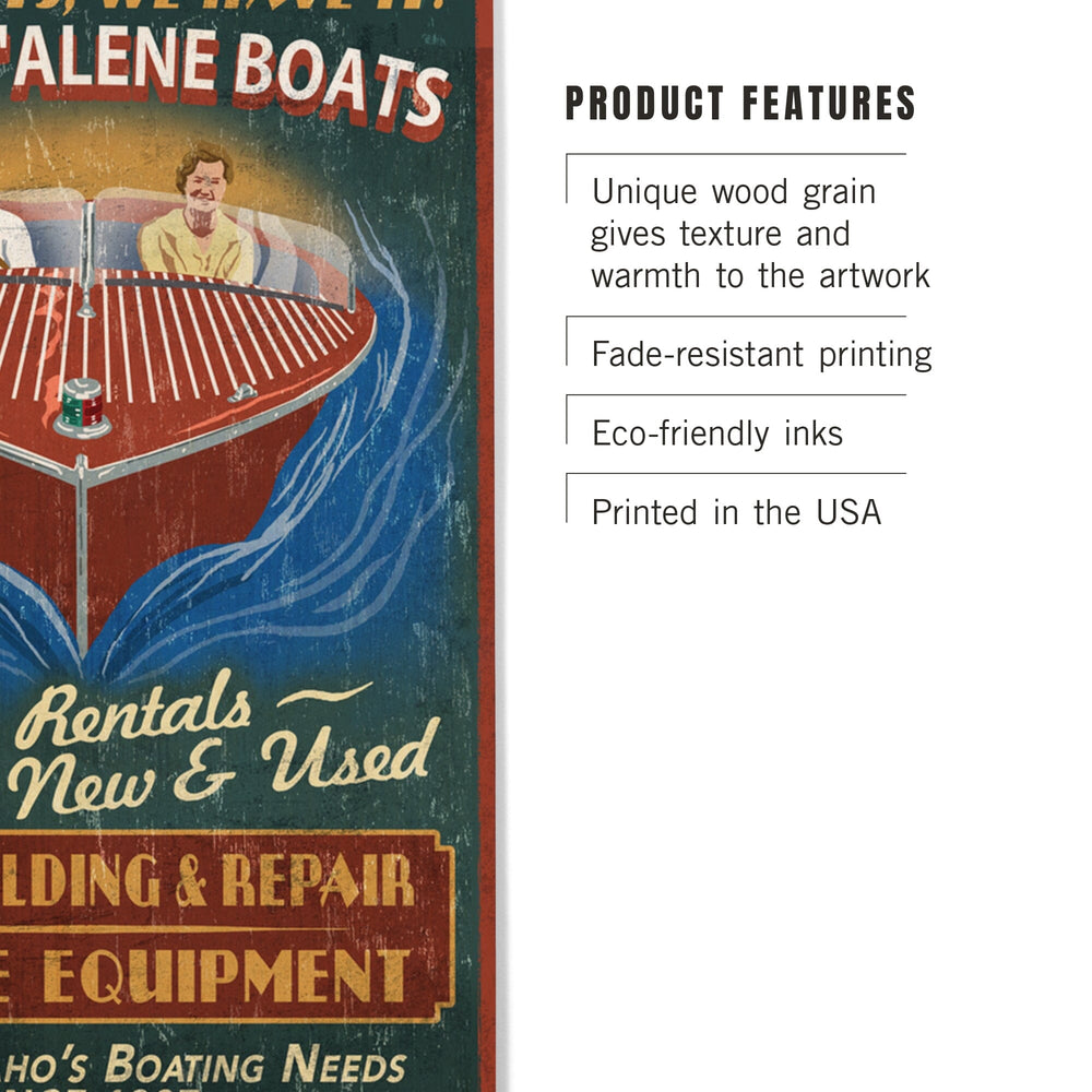 Coeur D'Alene, Idaho, Wooden Boats Vintage Sign, Lantern Press Artwork, Wood Signs and Postcards Wood Lantern Press 