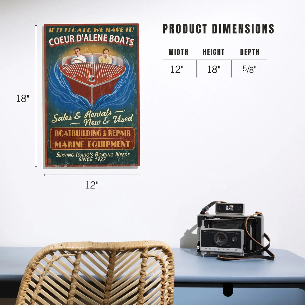 Coeur D'Alene, Idaho, Wooden Boats Vintage Sign, Lantern Press Artwork, Wood Signs and Postcards - Lantern Press