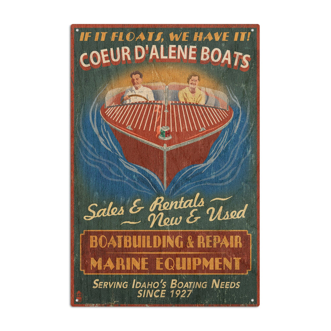Coeur D'Alene, Idaho, Wooden Boats Vintage Sign, Lantern Press Artwork, Wood Signs and Postcards Wood Lantern Press 6x9 Wood Sign 