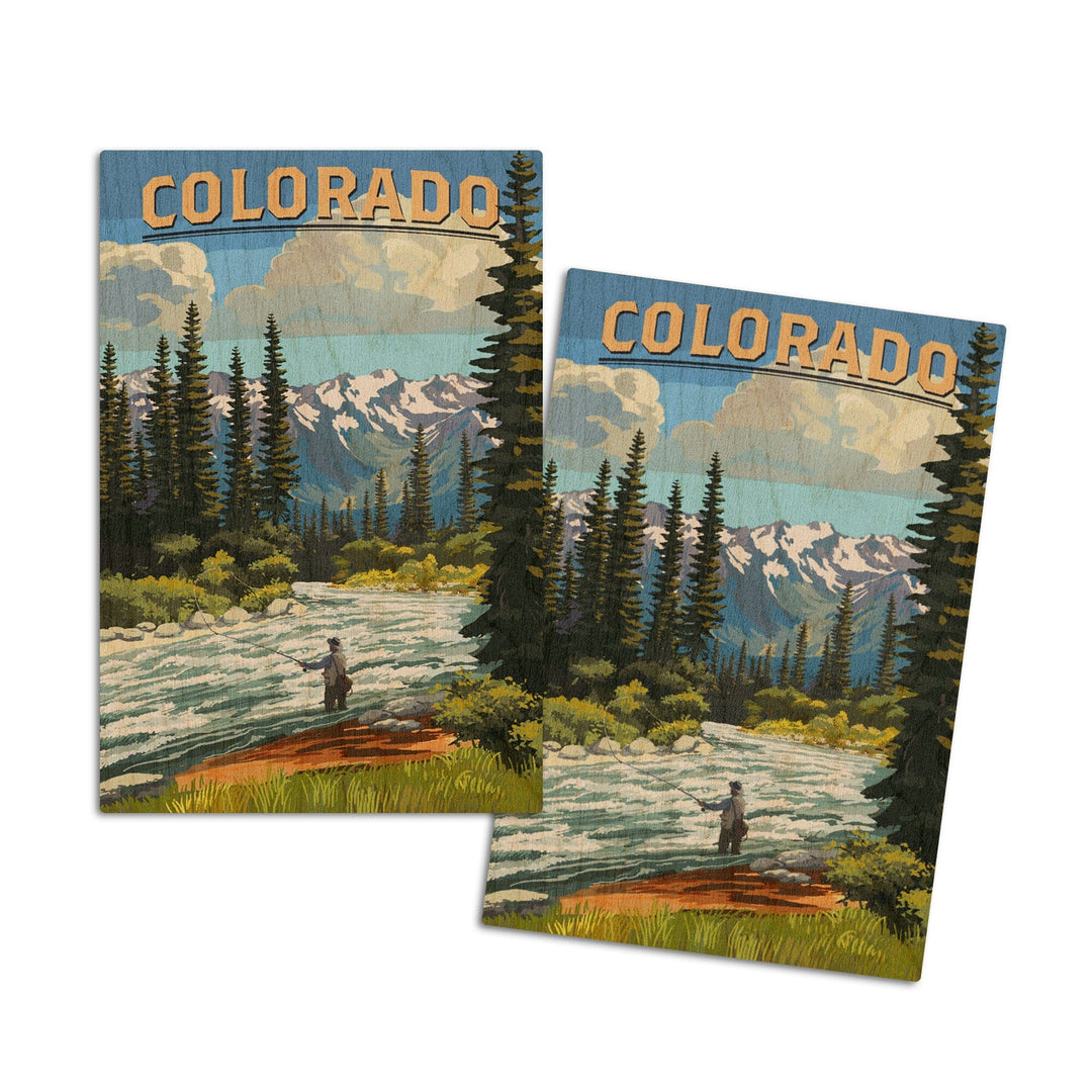 Colorado, Angler & River Rapids, Lantern Press Artwork, Wood Signs and Postcards Wood Lantern Press 4x6 Wood Postcard Set 