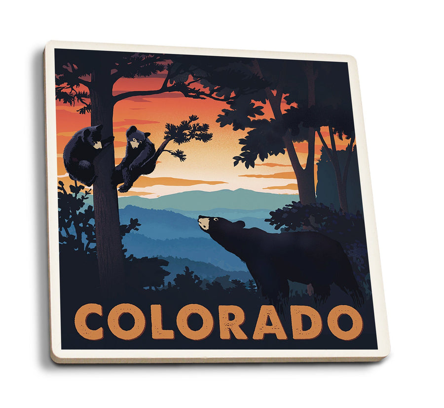 Colorado, Bear Family At Sunset, Lantern Press Artwork, Coaster Set Coasters Lantern Press 