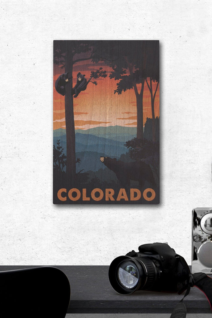 Colorado, Bear Family At Sunset, Lantern Press Artwork, Wood Signs and Postcards Wood Lantern Press 12 x 18 Wood Gallery Print 