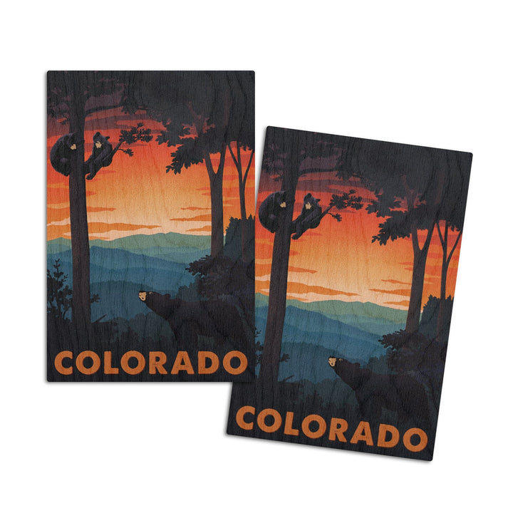 Colorado, Bear Family At Sunset, Lantern Press Artwork, Wood Signs and Postcards Wood Lantern Press 4x6 Wood Postcard Set 