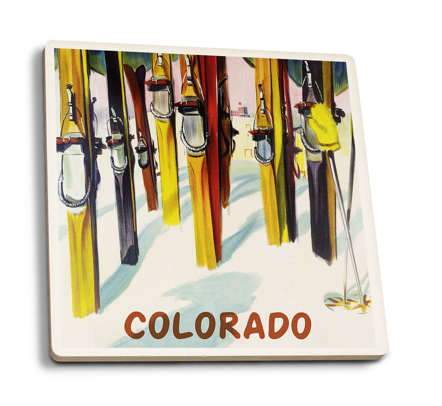 Colorado, Colorful Skis, Lantern Press Artwork, Coaster Set Coasters Lantern Press 