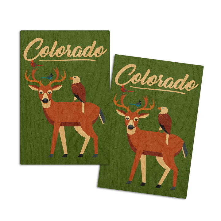Colorado, Deer & Birds, Geometric, Contour, Lantern Press Artwork, Wood Signs and Postcards Wood Lantern Press 4x6 Wood Postcard Set 