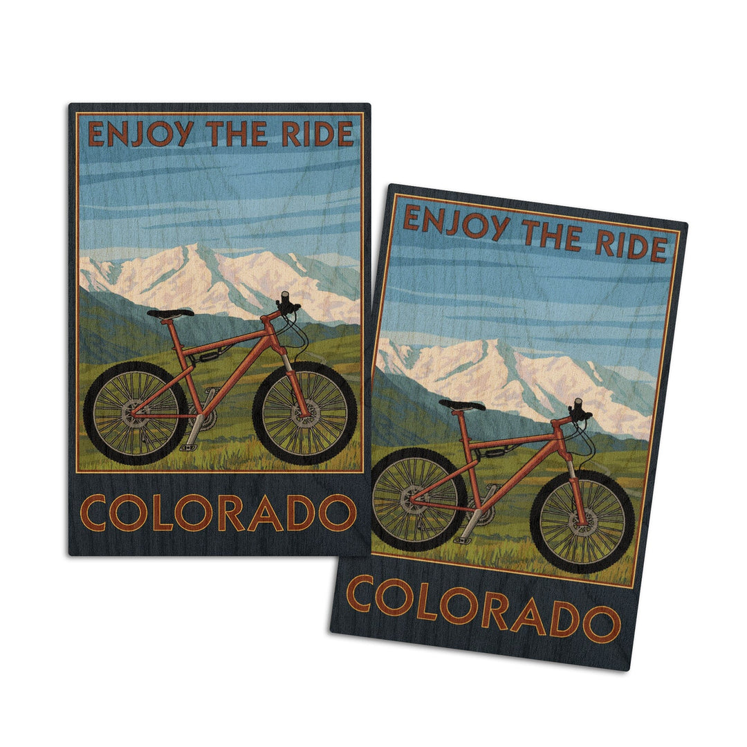 Colorado, Enjoy the Ride, Mountain Bike, Lantern Press Artwork, Wood Signs and Postcards Wood Lantern Press 4x6 Wood Postcard Set 