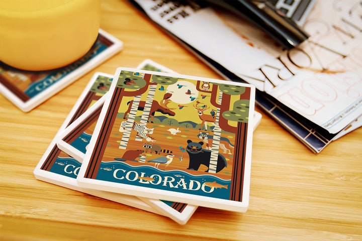 Colorado, Forest Animals, Geometric, Lantern Press Artwork, Coaster Set Coasters Lantern Press 