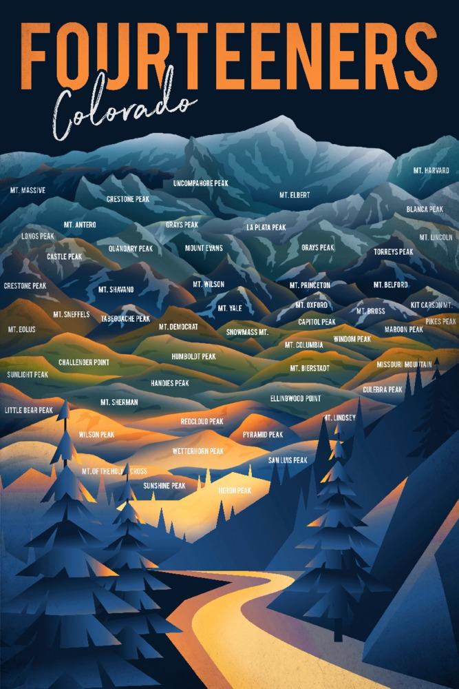 Colorado, Fourteeners, Mountain Range & Names, Lantern Press Artwork, Art Prints and Metal Signs Art Lantern Press 12 x 18 Art Print 