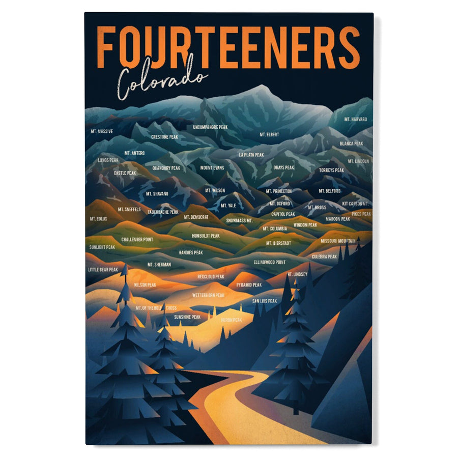 Colorado, Fourteeners, Mountain Range & Names, Lantern Press Artwork, Wood Signs and Postcards Wood Lantern Press 