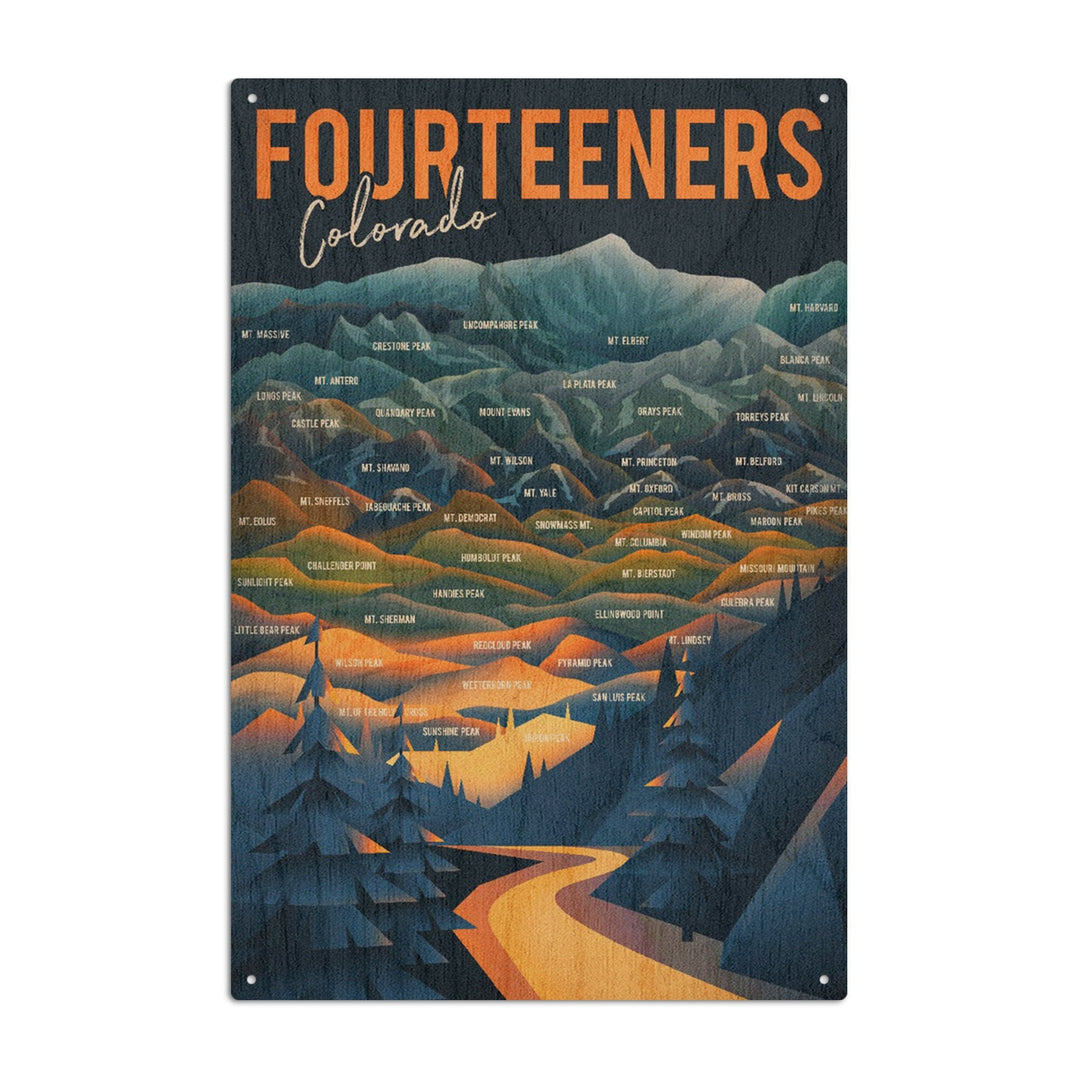 Colorado, Fourteeners, Mountain Range & Names, Lantern Press Artwork, Wood Signs and Postcards Wood Lantern Press 6x9 Wood Sign 