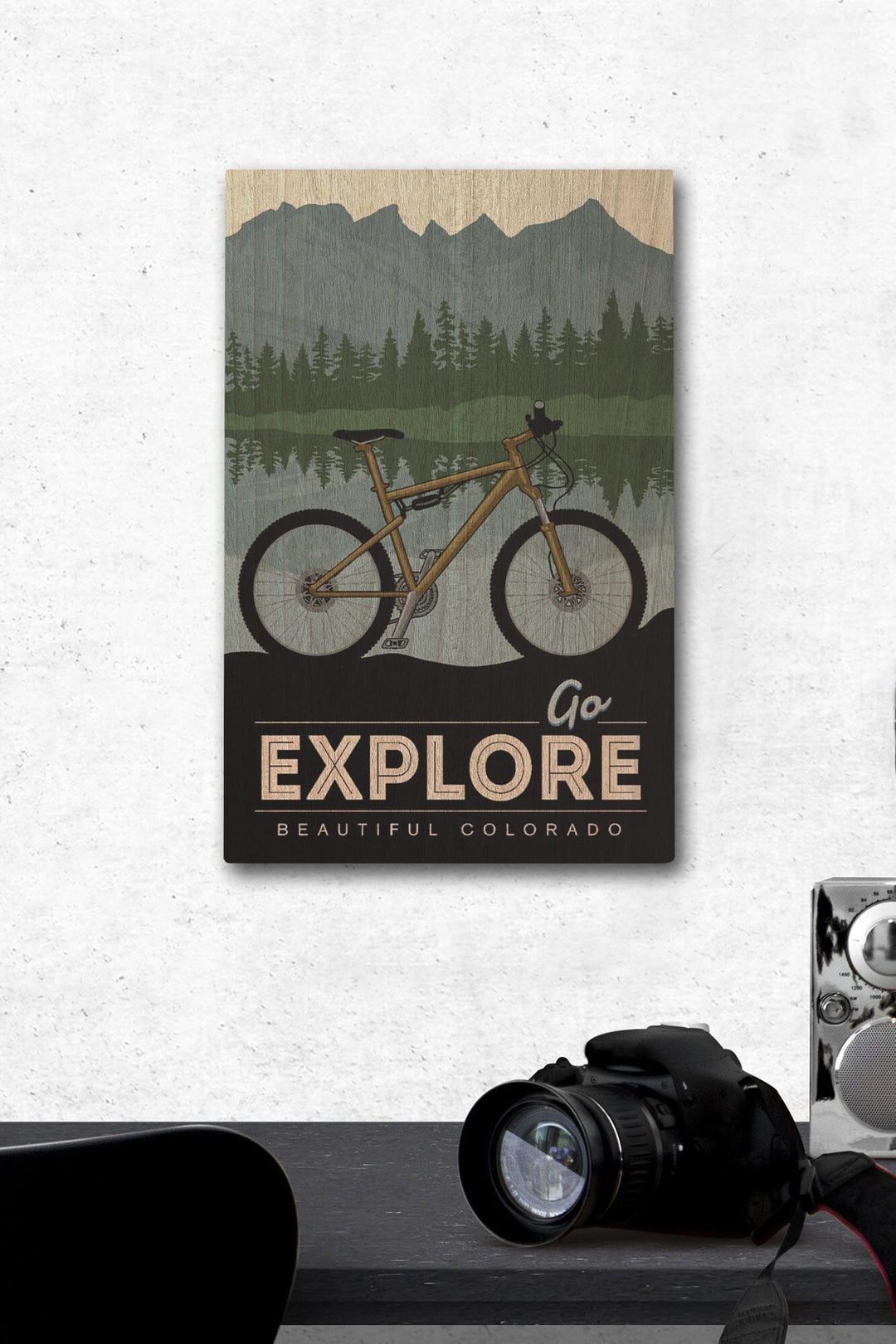 Colorado, Go Explore, Bike, Lantern Press Artwork, Wood Signs and Postcards Wood Lantern Press 12 x 18 Wood Gallery Print 