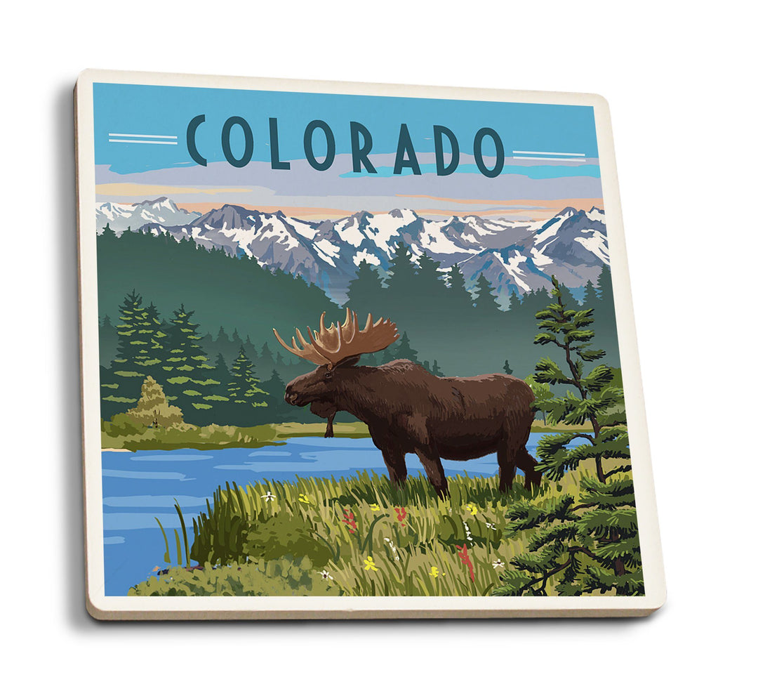 Colorado, Moose, Summer Scene, Lantern Press Artwork, Coaster Set Coasters Lantern Press 