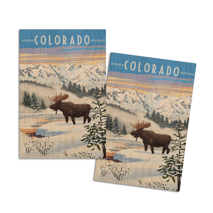 Colorado, Moose, Winter Scene, Lantern Press Artwork, Wood Signs and Postcards Wood Lantern Press 4x6 Wood Postcard Set 