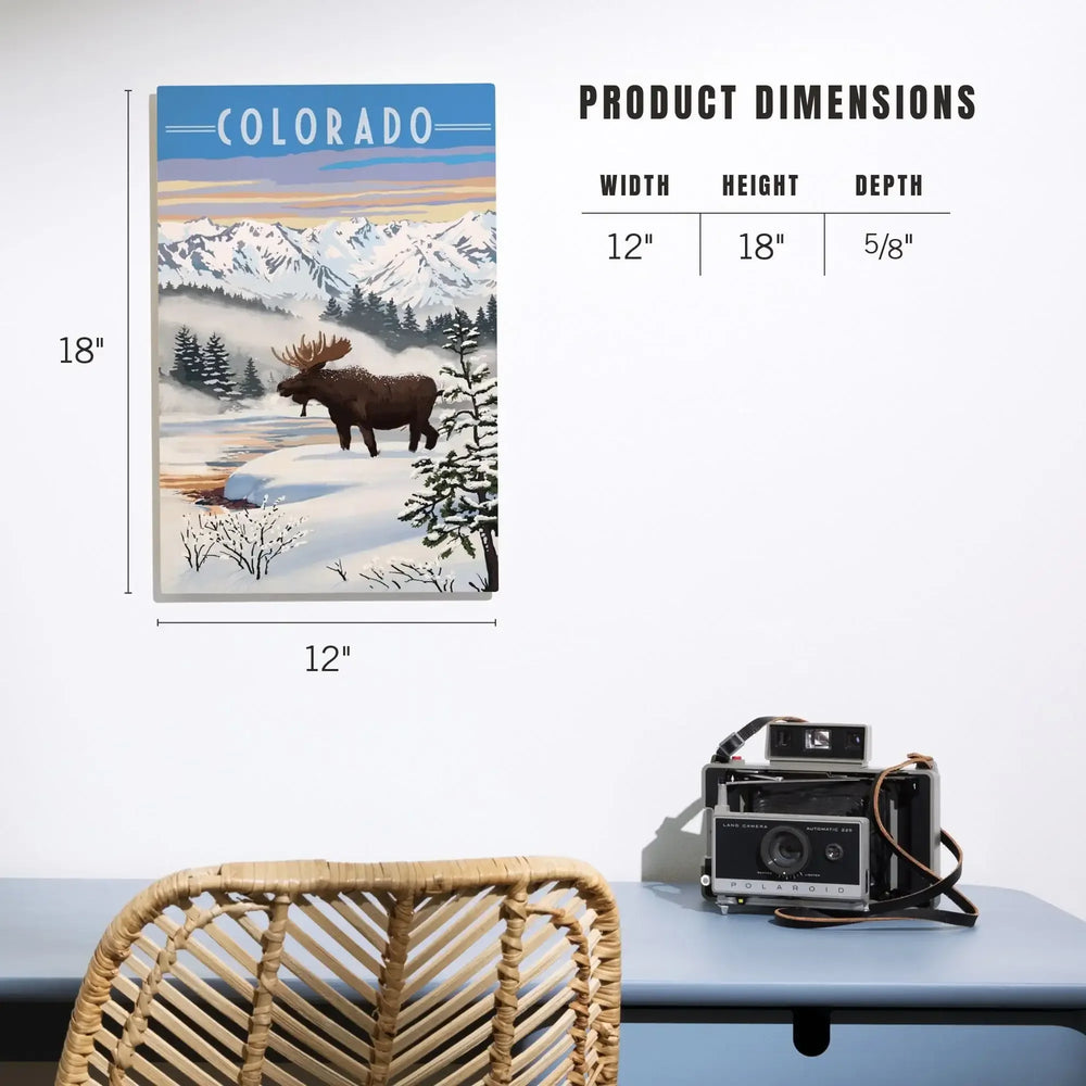 Colorado, Moose, Winter Scene, Lantern Press Artwork, Wood Signs and Postcards - Lantern Press