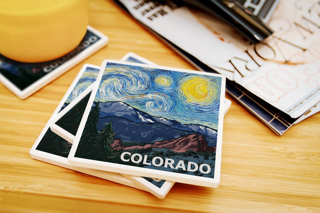 Colorado, Pikes Peak, Starry Night, Lantern Press Artwork, Coaster Set Coasters Lantern Press 