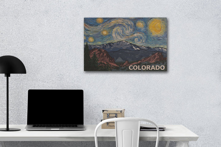 Colorado, Pikes Peak, Starry Night, Lantern Press Artwork, Wood Signs and Postcards Wood Lantern Press 12 x 18 Wood Gallery Print 
