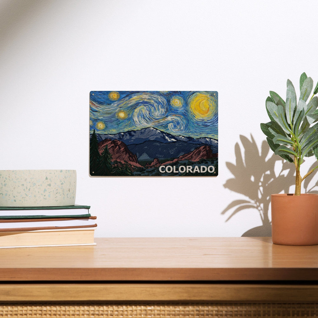 Colorado, Pikes Peak, Starry Night, Lantern Press Artwork, Wood Signs and Postcards Wood Lantern Press 