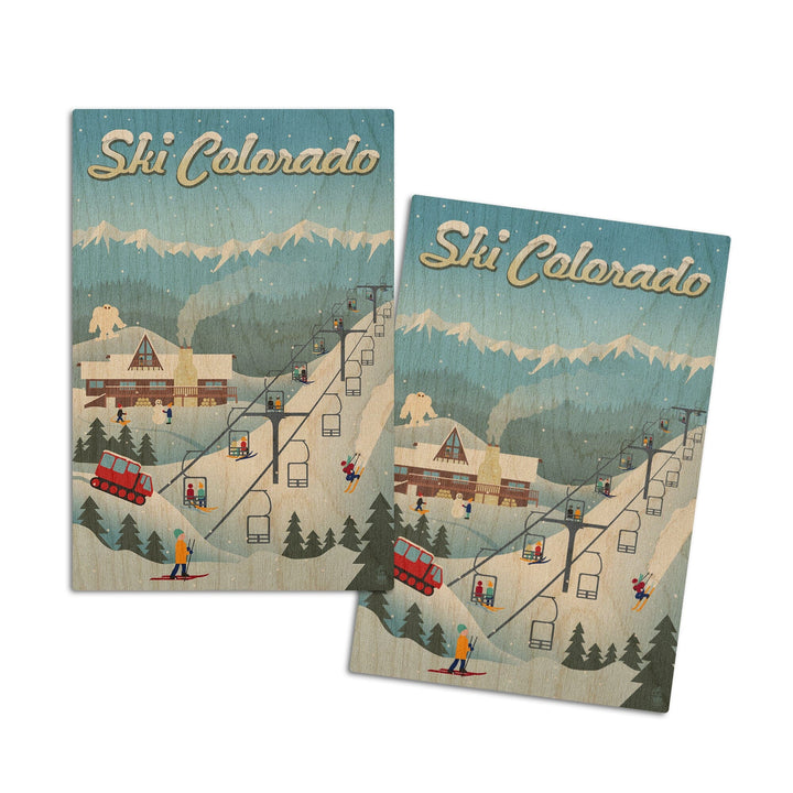 Colorado, Retro Ski Resort, Lantern Press Artwork, Wood Signs and Postcards Wood Lantern Press 4x6 Wood Postcard Set 