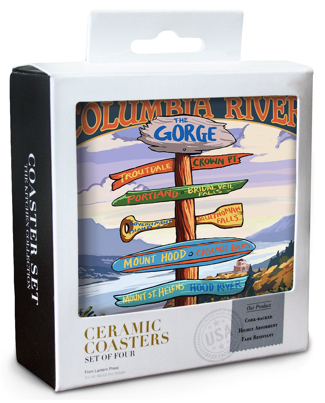 Columbia River Gorge, Oregon, Destinations Sign, Lantern Press Artwork, Coaster Set Coasters Lantern Press 
