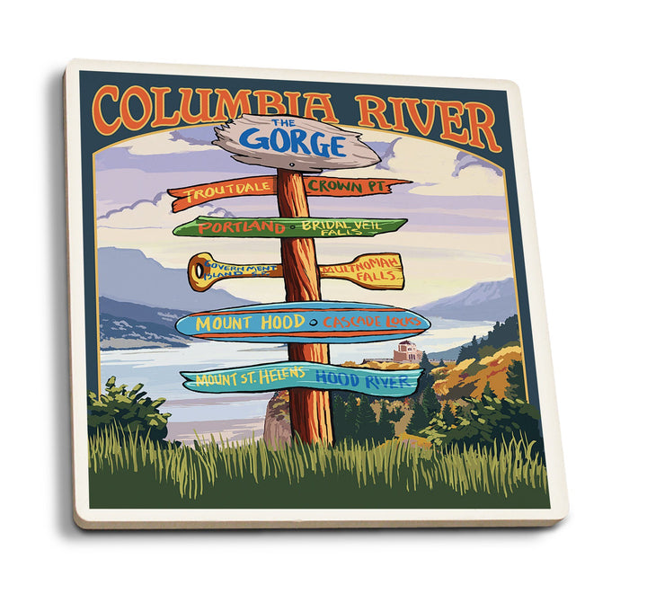 Columbia River Gorge, Oregon, Destinations Sign, Lantern Press Artwork, Coaster Set Coasters Lantern Press 
