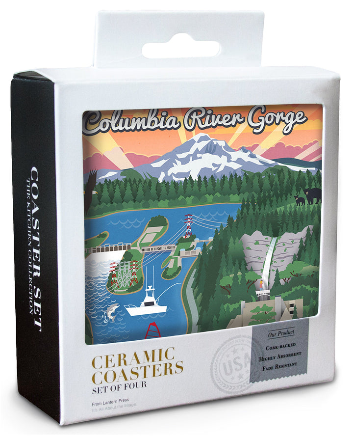 Columbia River Gorge, Oregon, Retro Scene, Lantern Press Poster, Coaster Set Coasters Lantern Press 