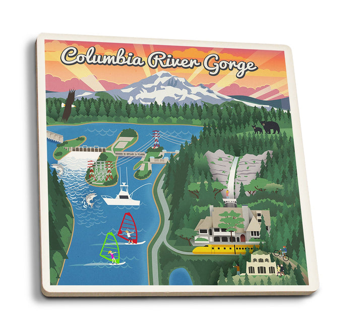 Columbia River Gorge, Oregon, Retro Scene, Lantern Press Poster, Coaster Set Coasters Lantern Press 