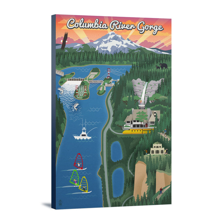 Columbia River Gorge, Oregon, Retro Scene, Lantern Press Poster, Stretched Canvas Canvas Lantern Press 16x24 Stretched Canvas 