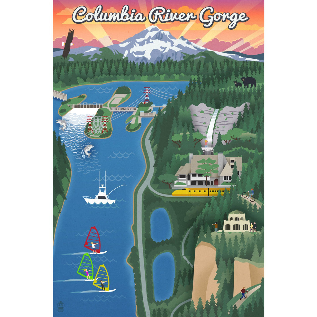 Columbia River Gorge, Oregon, Retro Scene, Lantern Press Poster, Stretched Canvas Canvas Lantern Press 
