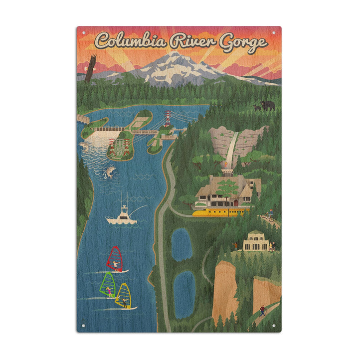 Columbia River Gorge, Oregon, Retro Scene, Lantern Press Poster, Wood Signs and Postcards Wood Lantern Press 10 x 15 Wood Sign 