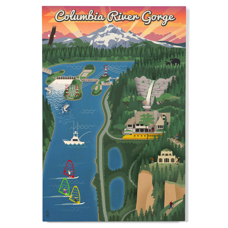 Columbia River Gorge, Oregon, Retro Scene, Lantern Press Poster, Wood Signs and Postcards Wood Lantern Press 