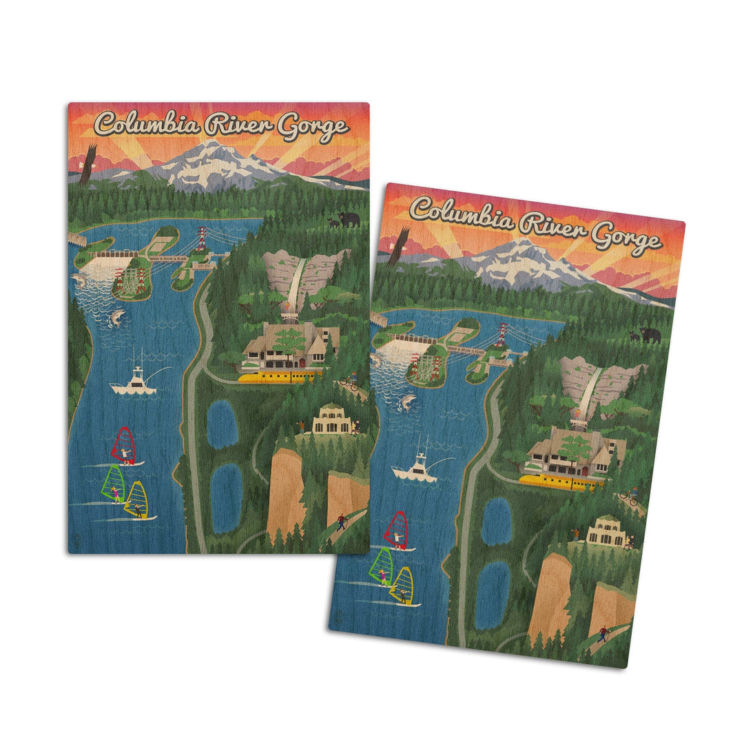Columbia River Gorge, Oregon, Retro Scene, Lantern Press Poster, Wood Signs and Postcards Wood Lantern Press 4x6 Wood Postcard Set 