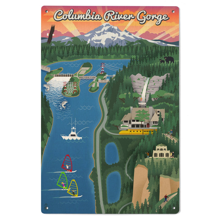 Columbia River Gorge, Oregon, Retro Scene, Lantern Press Poster, Wood Signs and Postcards Wood Lantern Press 