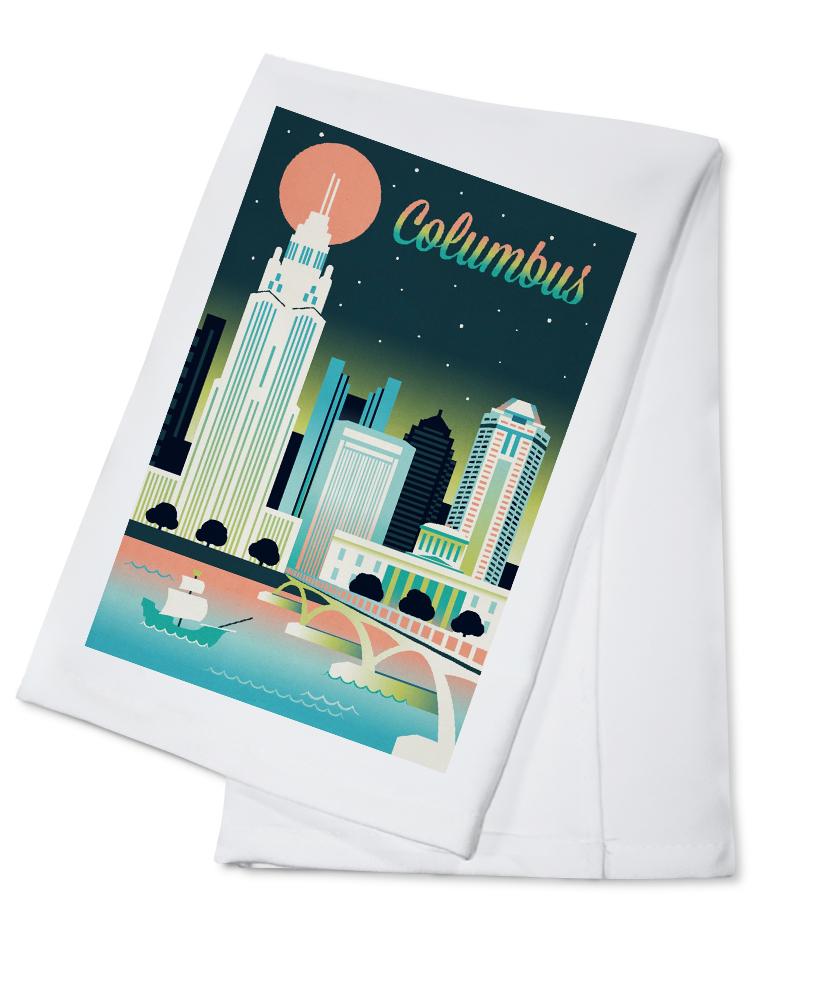 Columbus, Ohio, Retro Skyline Chromatic Series, Lantern Press Artwork, Towels and Aprons Kitchen Lantern Press Cotton Towel 
