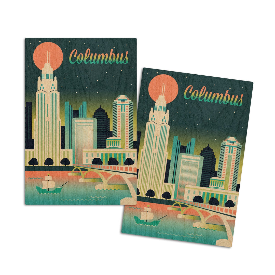 Columbus, Ohio, Retro Skyline Chromatic Series, Lantern Press Artwork, Wood Signs and Postcards Wood Lantern Press 4x6 Wood Postcard Set 