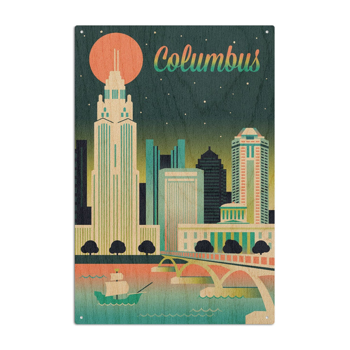 Columbus, Ohio, Retro Skyline Chromatic Series, Lantern Press Artwork, Wood Signs and Postcards Wood Lantern Press 6x9 Wood Sign 