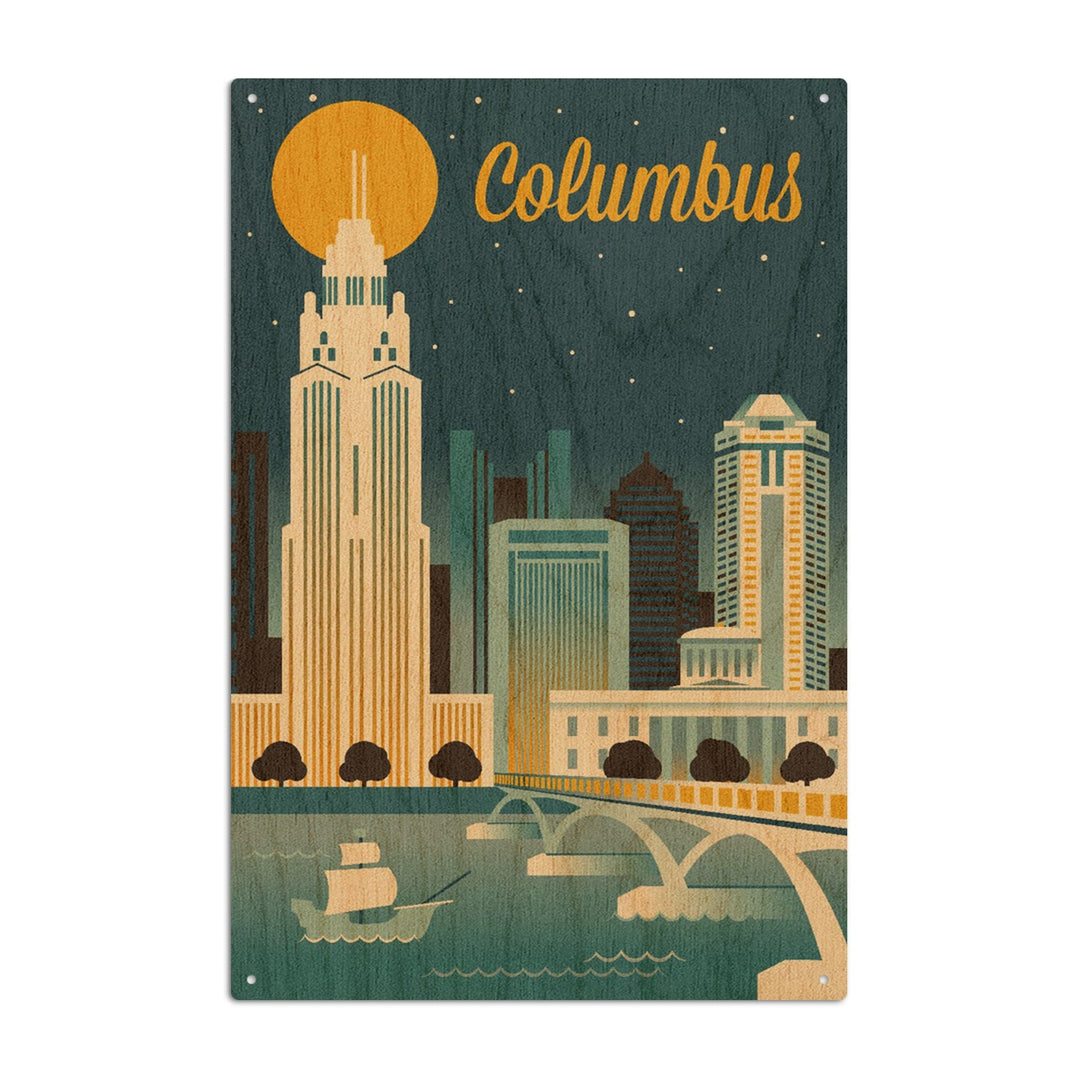 Columbus, Ohio, Retro Skyline Series, Lantern Press Artwork, Wood Signs and Postcards Wood Lantern Press 10 x 15 Wood Sign 
