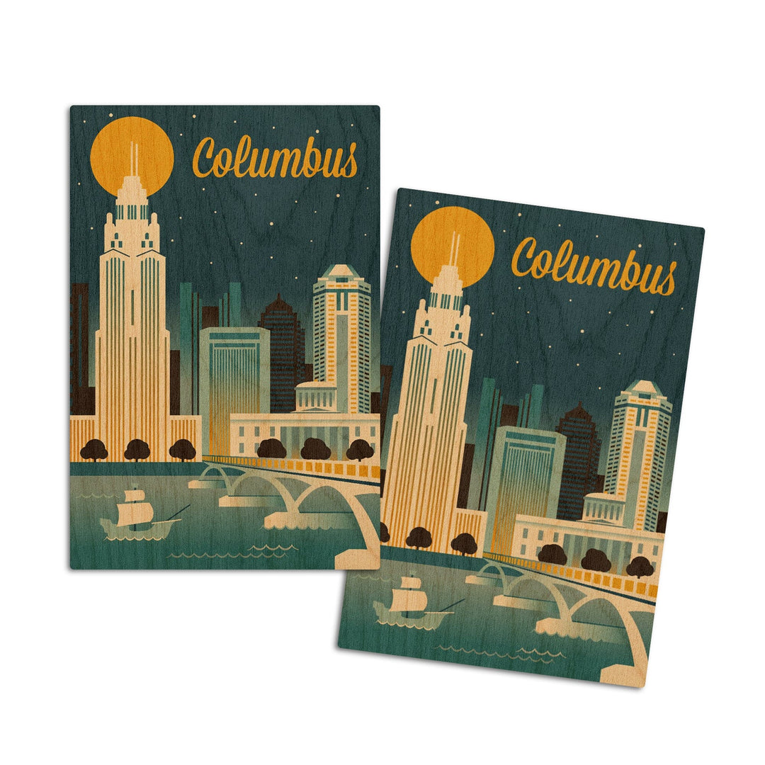 Columbus, Ohio, Retro Skyline Series, Lantern Press Artwork, Wood Signs and Postcards Wood Lantern Press 4x6 Wood Postcard Set 