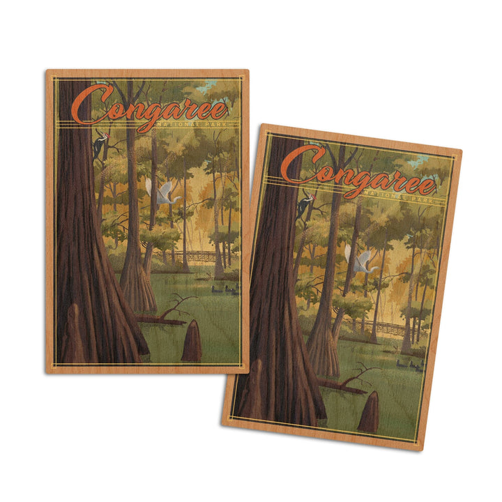 Congaree National Park, South Carolina, Lithograph National Park Series, Lantern Press Artwork, Wood Signs and Postcards Wood Lantern Press 4x6 Wood Postcard Set 