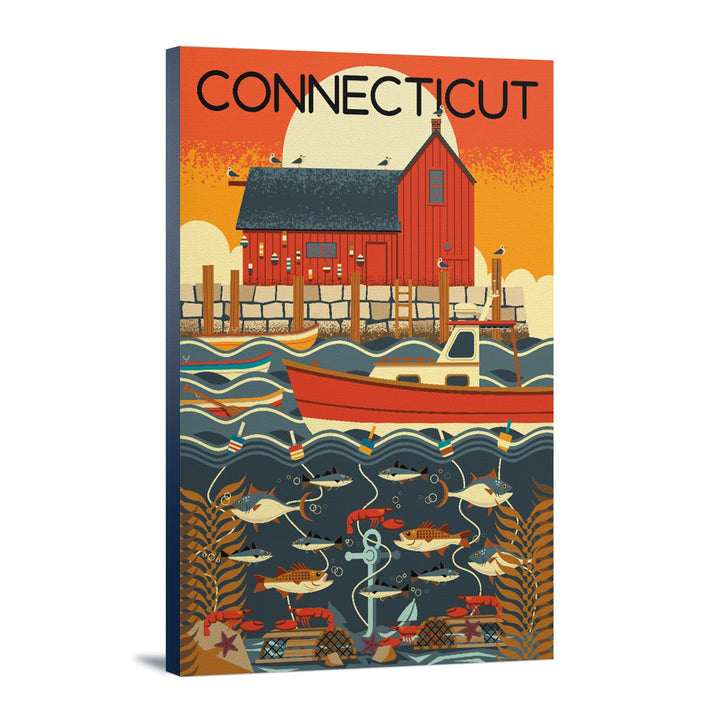 Connecticut, Nautical Geometric, Lantern Press Artwork, Stretched Canvas Canvas Lantern Press 12x18 Stretched Canvas 