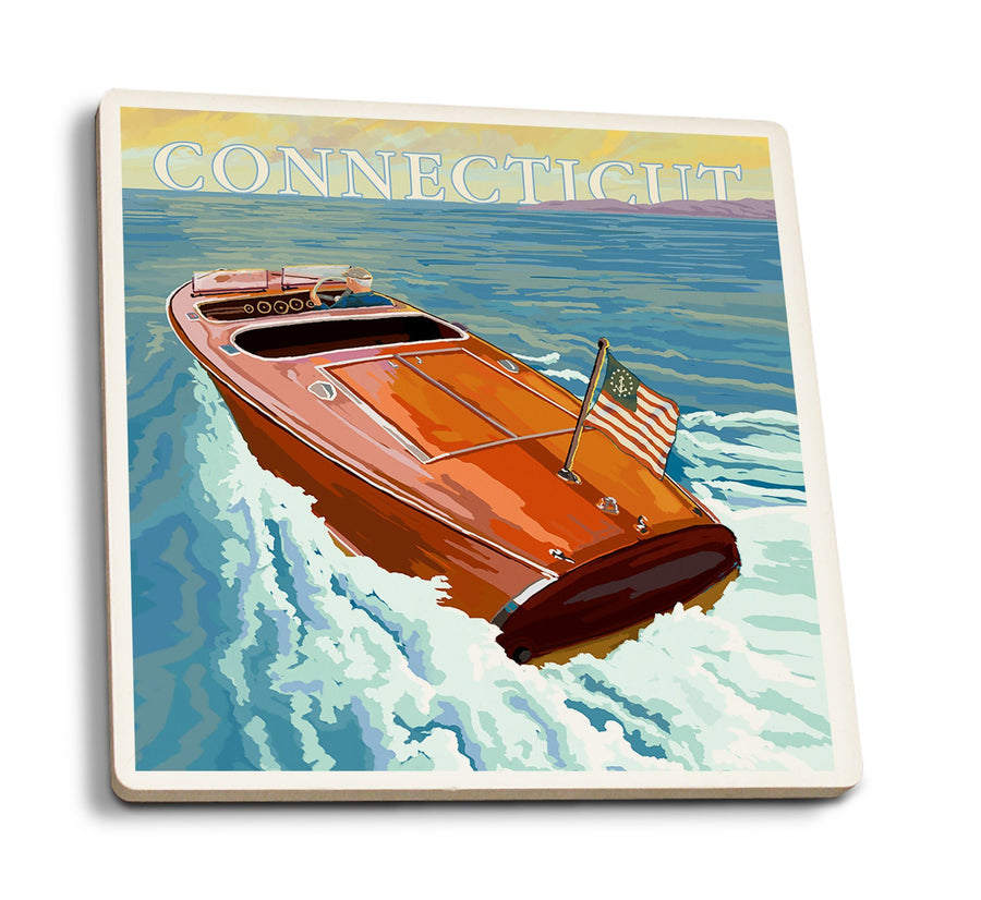 Connecticut, Wooden Boat, Lantern Press Artwork, Coaster Set Coasters Lantern Press 