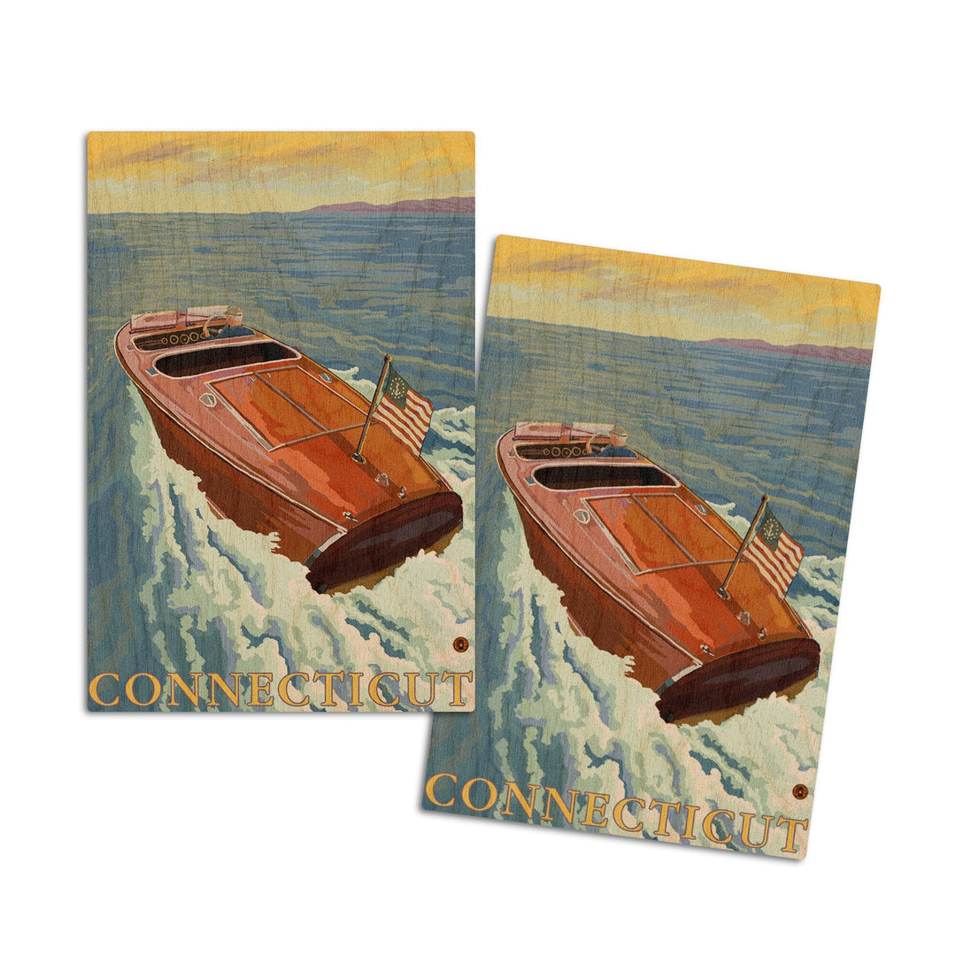 Connecticut, Wooden Boat, Lantern Press Artwork, Wood Signs and Postcards Wood Lantern Press 4x6 Wood Postcard Set 