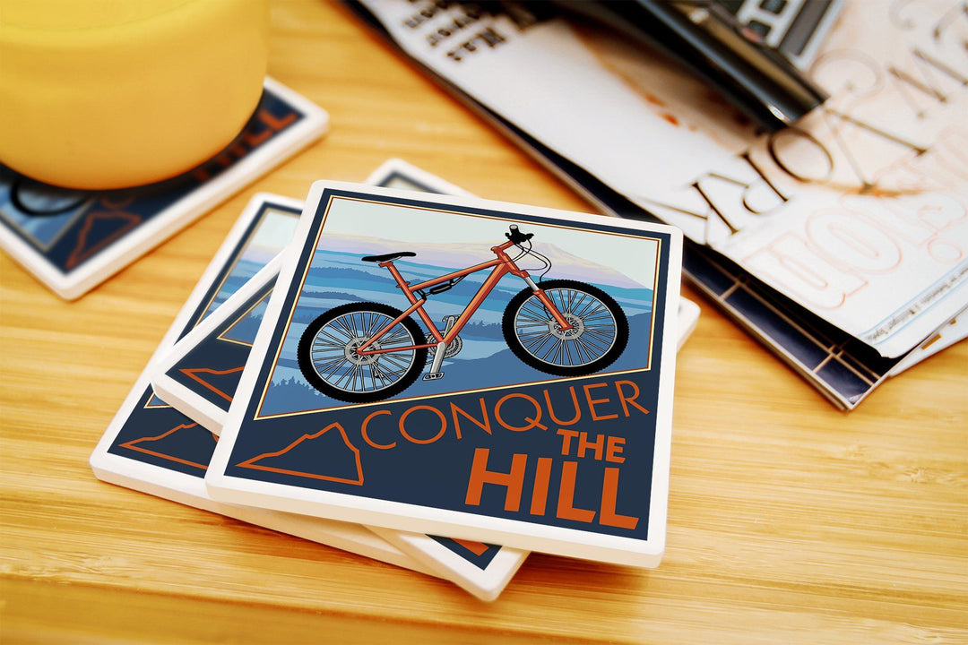 Conquer the Hill, Mountain Bike, Lantern Press Artwork, Coaster Set Coasters Lantern Press 