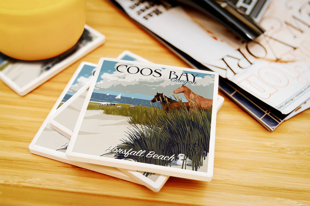 Coos Bay, Oregon, Horses and Dunes, Lantern Press Artwork, Coaster Set Coasters Lantern Press 