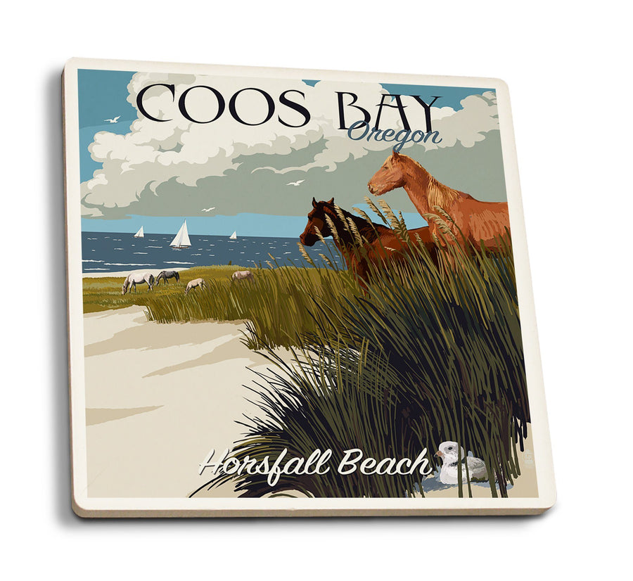 Coos Bay, Oregon, Horses and Dunes, Lantern Press Artwork, Coaster Set Coasters Lantern Press 