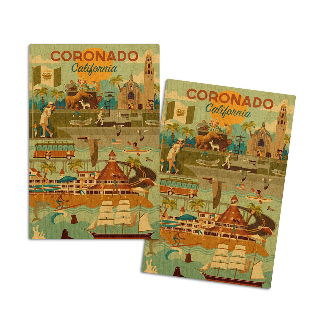 Coronado, California, Geometric, Lantern Press Artwork, Wood Signs and Postcards Wood Lantern Press 4x6 Wood Postcard Set 